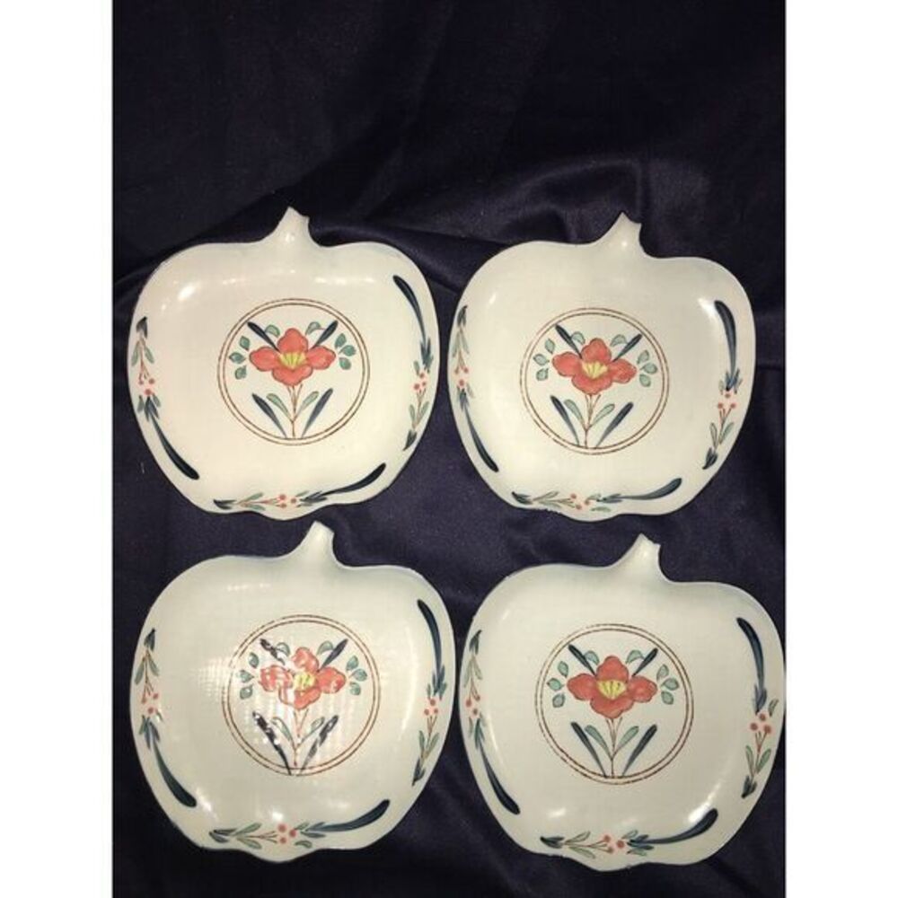 Neiman Marcus Japan Porcelain Apple Shape‎ Plate Set Hand Painted Floral Ceramic